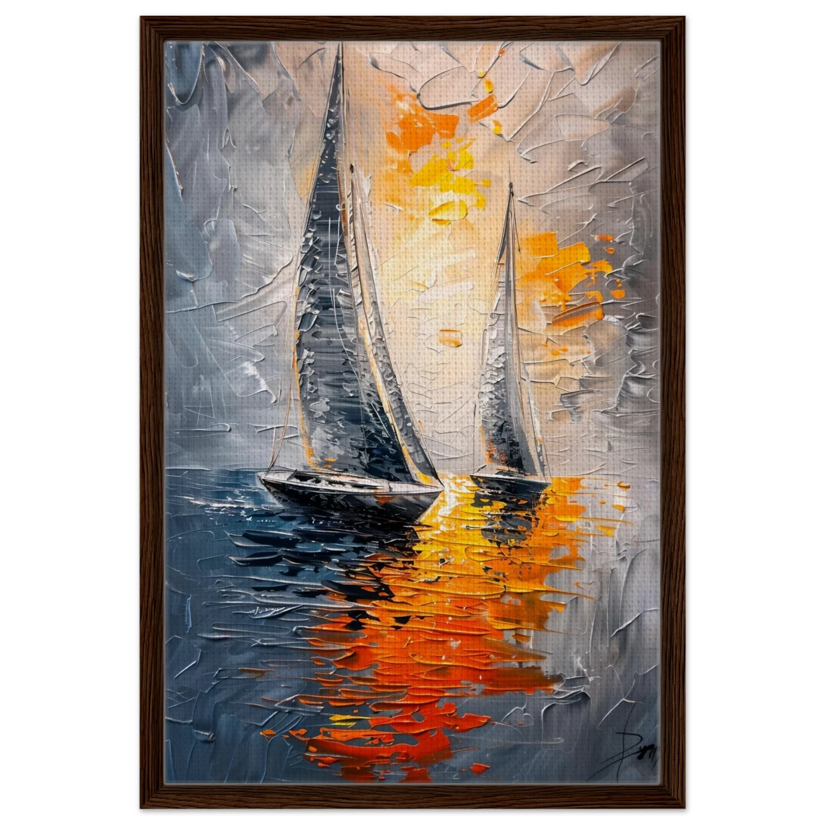 “Ember Sails” – Sailing Into the Sunset on Firelight Waters | Wall art Print - Framed Canvas - 50x75 cm / 20x30″ - Dark wood frame