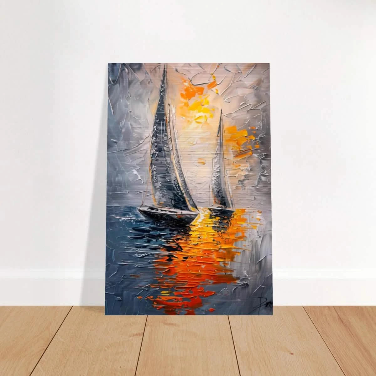 “Ember Sails” – Sailing Into the Sunset on Firelight Waters | Wall art Print - Brushed Aluminum Print - 50x75 cm / 20x30″ -