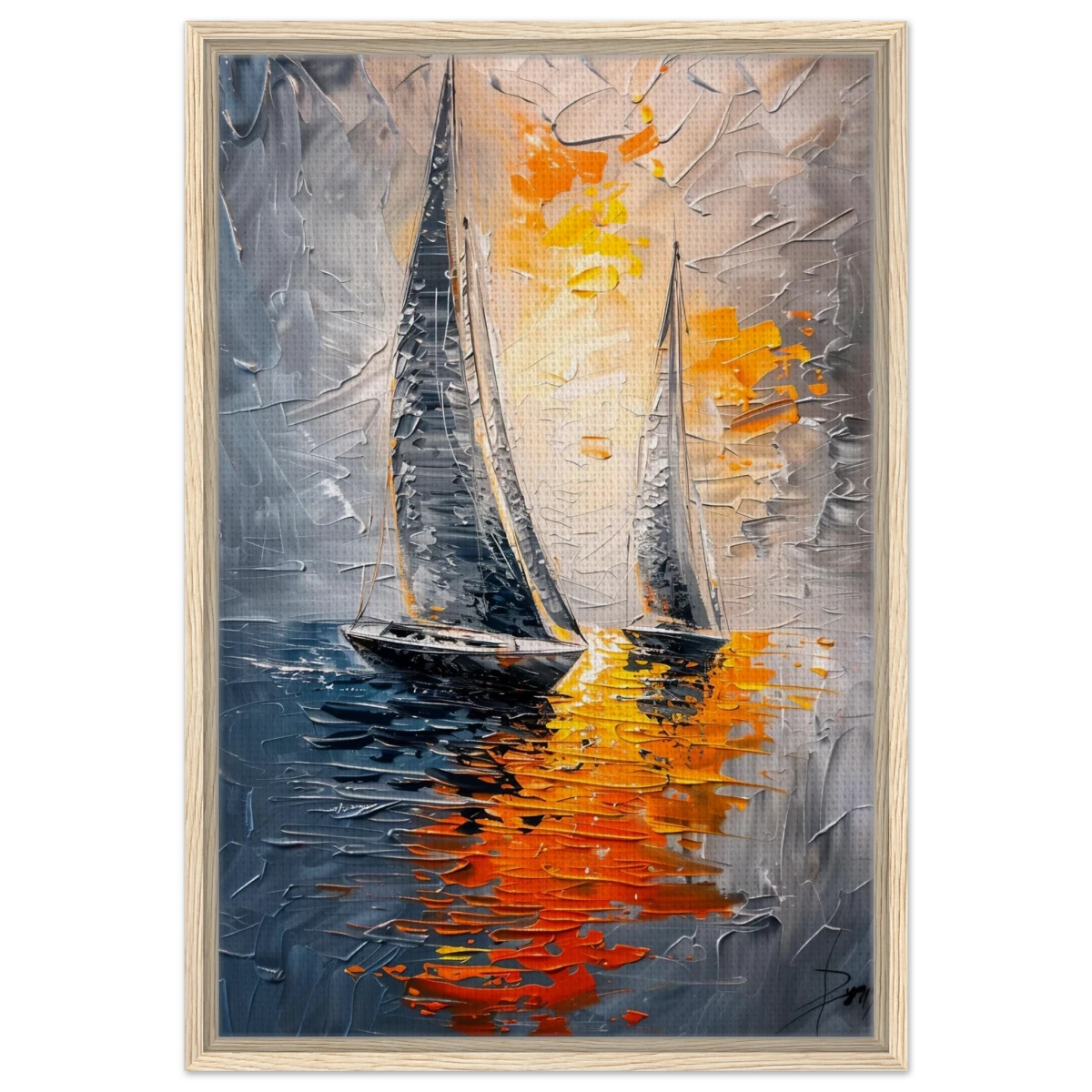 “Ember Sails” – Sailing Into the Sunset on Firelight Waters | Wall art Print - Framed Canvas - 50x75 cm / 20x30″ - Wood frame