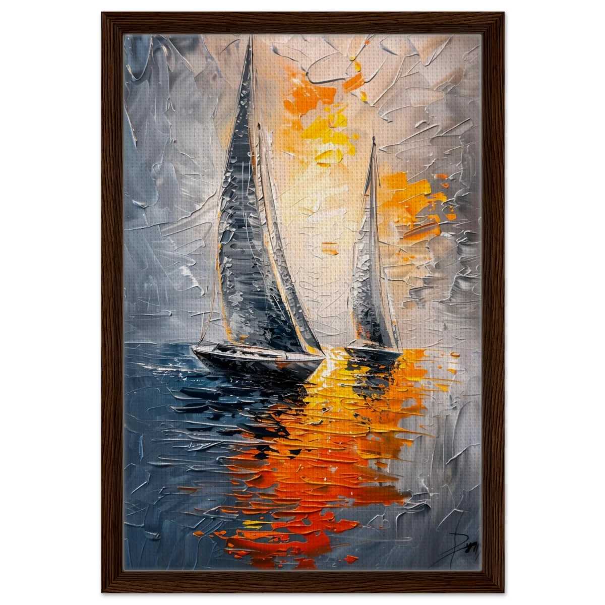 “Ember Sails” – Sailing Into the Sunset on Firelight Waters | Wall art Print - Framed Canvas - 40x60 cm / 16x24″ - Dark wood frame