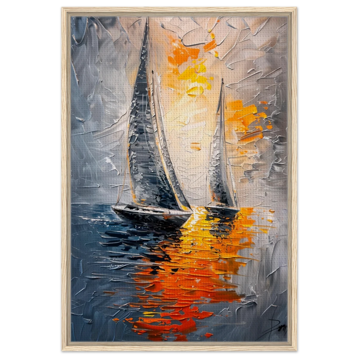 “Ember Sails” – Sailing Into the Sunset on Firelight Waters | Wall art Print - Framed Canvas - 60x90 cm / 24x36″ - Wood frame