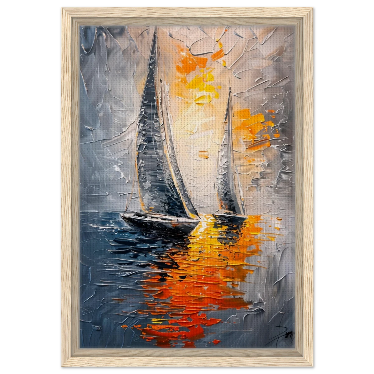 “Ember Sails” – Sailing Into the Sunset on Firelight Waters | Wall art Print - Framed Canvas - 30x45 cm / 12x18″ - Wood frame