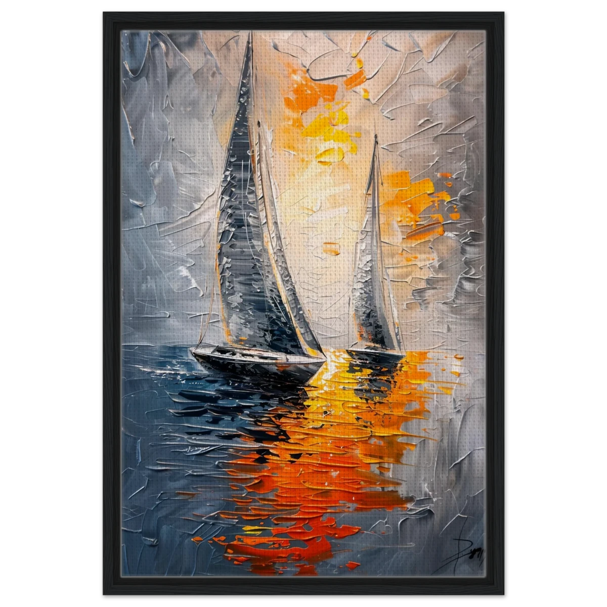 “Ember Sails” – Sailing Into the Sunset on Firelight Waters | Wall art Print - Framed Canvas - 50x75 cm / 20x30″ - Black frame
