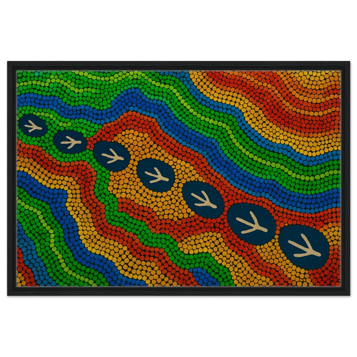 Emu Tracks Dreaming – Aboriginal Dot Painting Wall Art Print - Framed Canvas - 60x90 cm / 24x36″ - Black frame