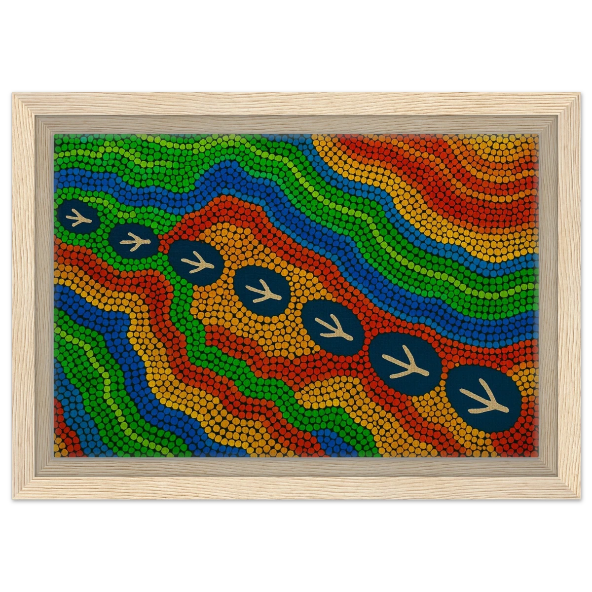Emu Tracks Dreaming – Aboriginal Dot Painting Wall Art Print - Framed Canvas - 20x30 cm / 8x12″ - Wood frame