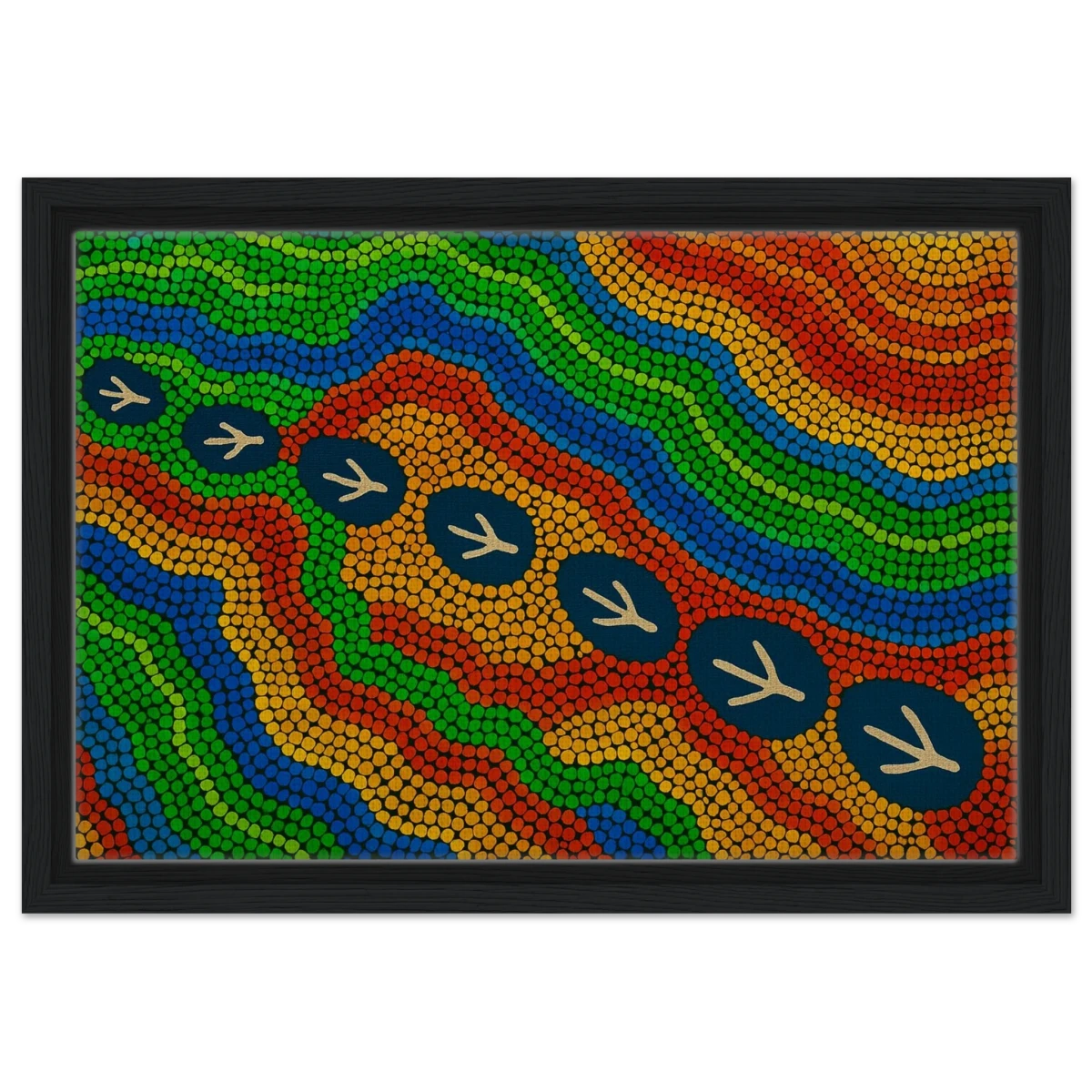 Emu Tracks Dreaming – Aboriginal Dot Painting Wall Art Print - Framed Canvas - 30x45 cm / 12x18″ - Black frame