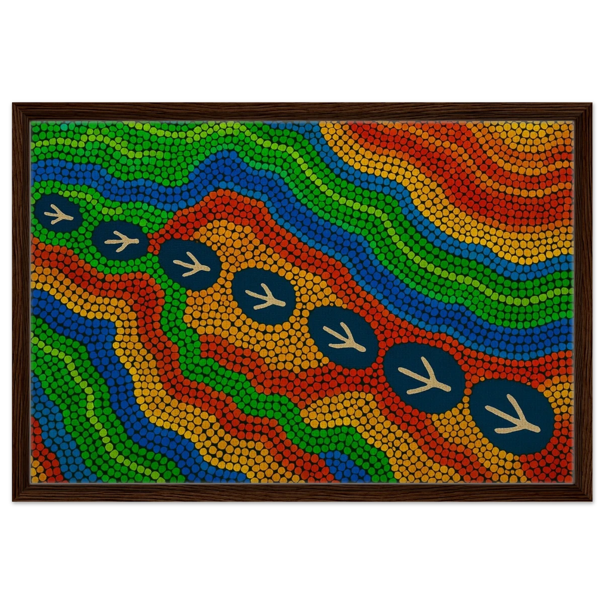 Emu Tracks Dreaming – Aboriginal Dot Painting Wall Art Print - Framed Canvas - 50x75 cm / 20x30″ - Dark wood frame