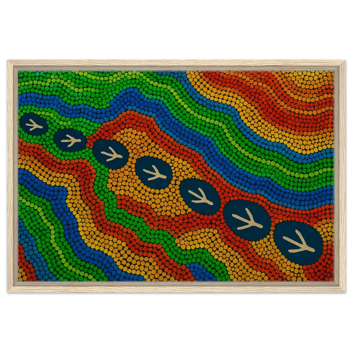 Emu Tracks Dreaming – Aboriginal Dot Painting Wall Art Print - Framed Canvas - 50x75 cm / 20x30″ - Wood frame