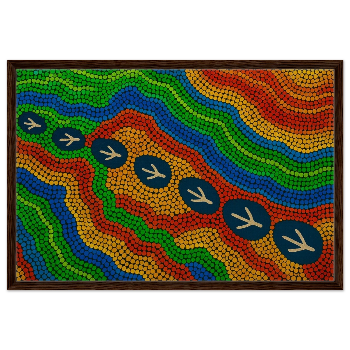 Emu Tracks Dreaming – Aboriginal Dot Painting Wall Art Print - Framed Canvas - 60x90 cm / 24x36″ - Dark wood frame