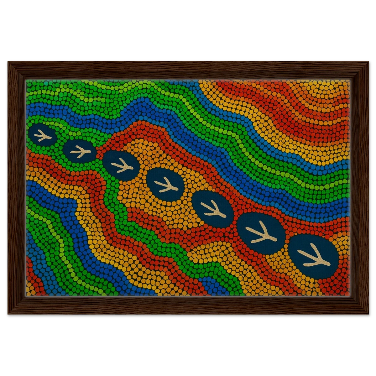 Emu Tracks Dreaming – Aboriginal Dot Painting Wall Art Print - Framed Canvas - 30x45 cm / 12x18″ - Dark wood frame