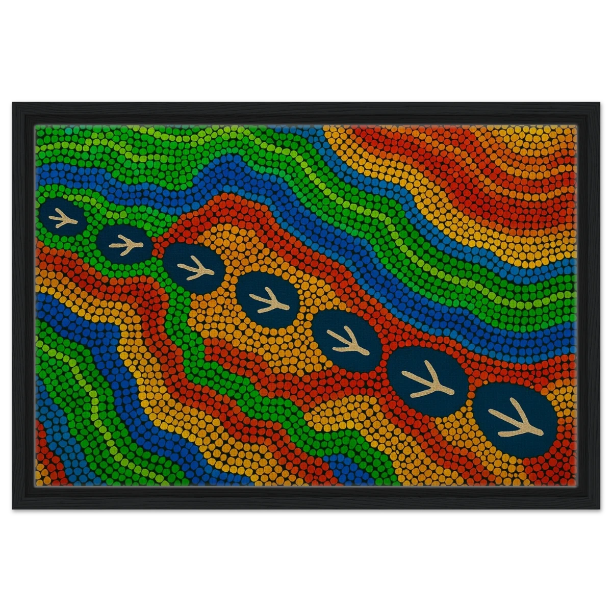 Emu Tracks Dreaming – Aboriginal Dot Painting Wall Art Print - Framed Canvas - 40x60 cm / 16x24″ - Black frame