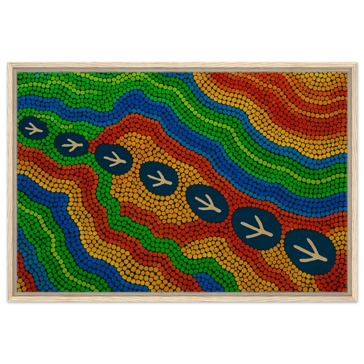 Emu Tracks Dreaming – Aboriginal Dot Painting Wall Art Print - Framed Canvas - 60x90 cm / 24x36″ - Wood frame
