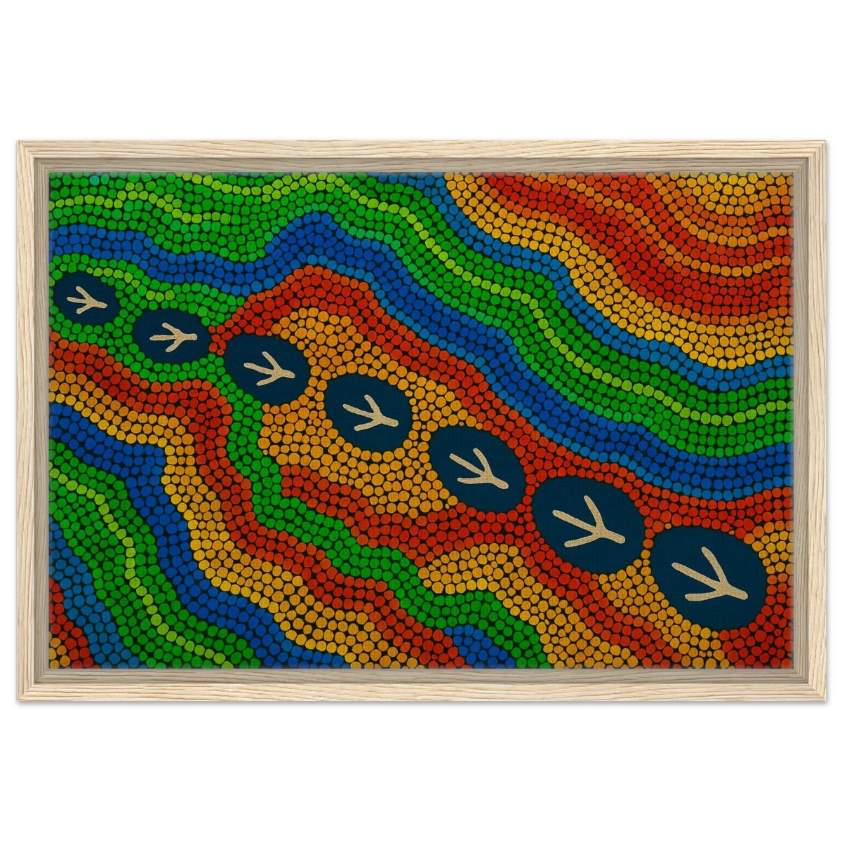 Emu Tracks Dreaming – Aboriginal Dot Painting Wall Art Print - Framed Canvas - 40x60 cm / 16x24″ - Wood frame