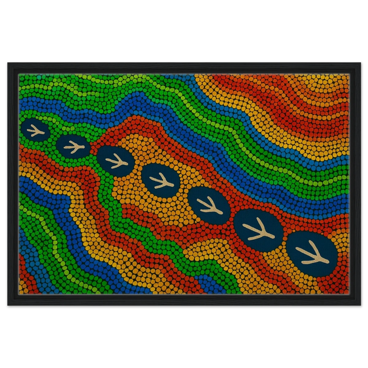 Emu Tracks Dreaming – Aboriginal Dot Painting Wall Art Print - Framed Canvas - 50x75 cm / 20x30″ - Black frame