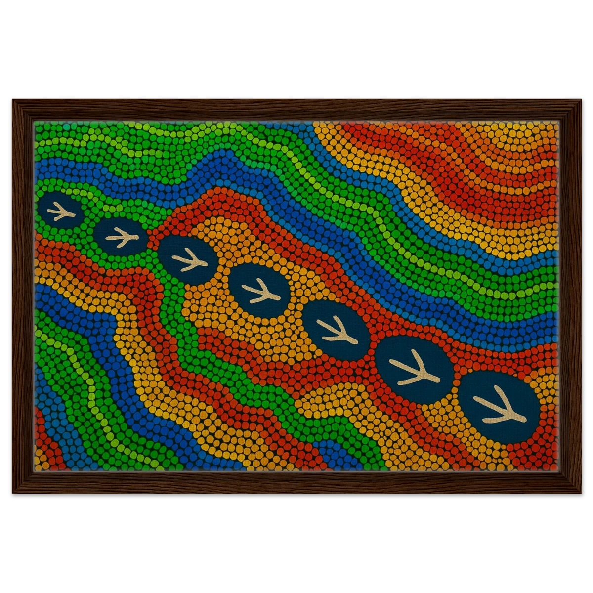 Emu Tracks Dreaming – Aboriginal Dot Painting Wall Art Print - Framed Canvas - 40x60 cm / 16x24″ - Dark wood frame