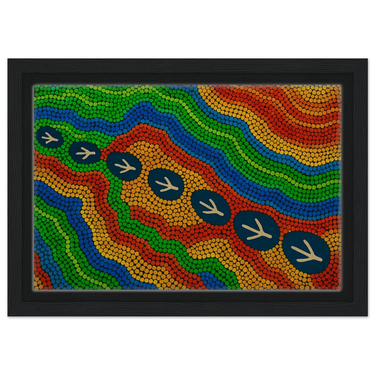 Emu Tracks Dreaming – Aboriginal Dot Painting Wall Art Print - Framed Canvas - 20x30 cm / 8x12″ - Black frame