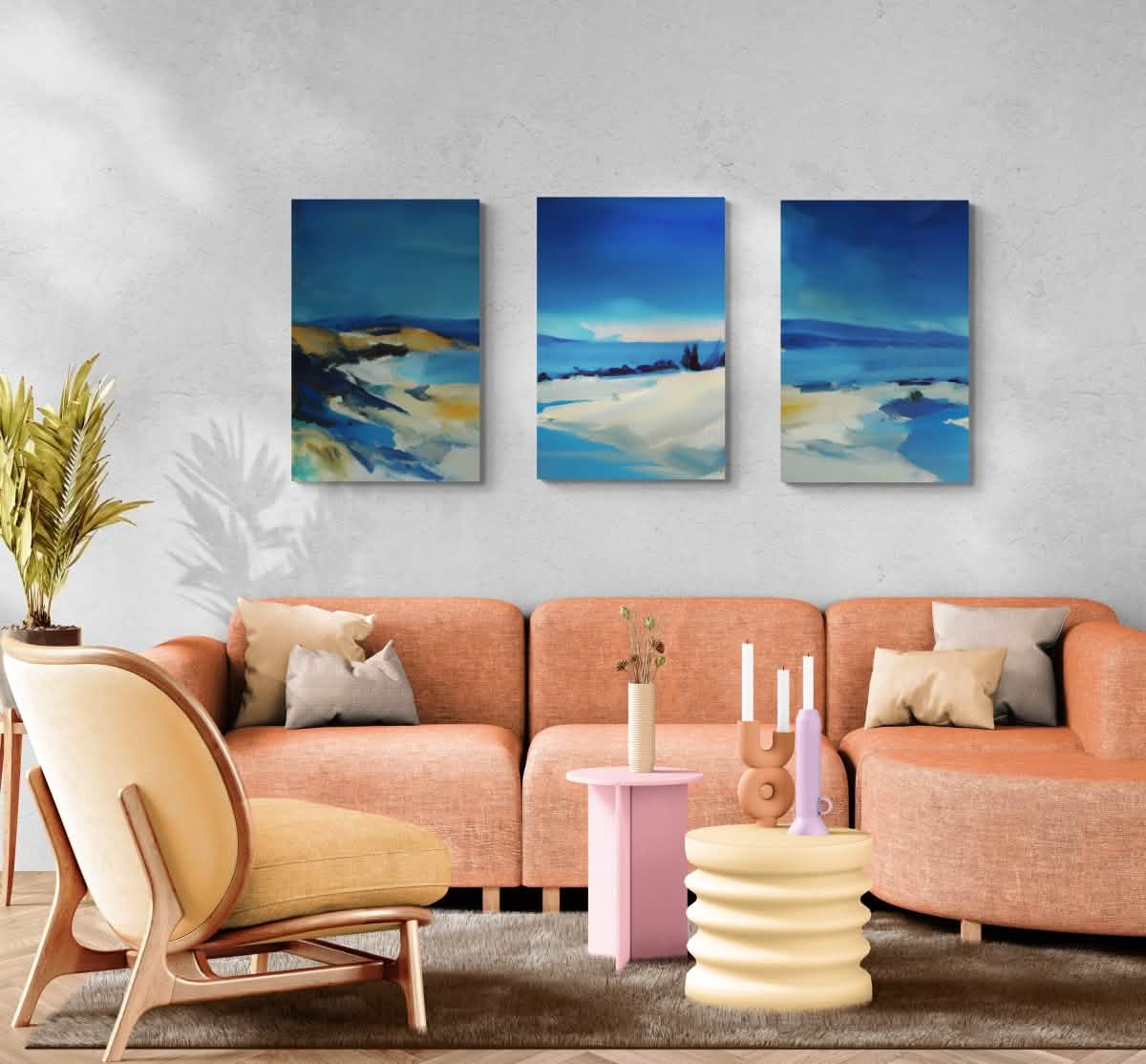 "Ethereal Coastline – Set of 3" – Abstract Seascape Serenity | wall art trio set - Canvas - 30X45 CM / 12X18″ -