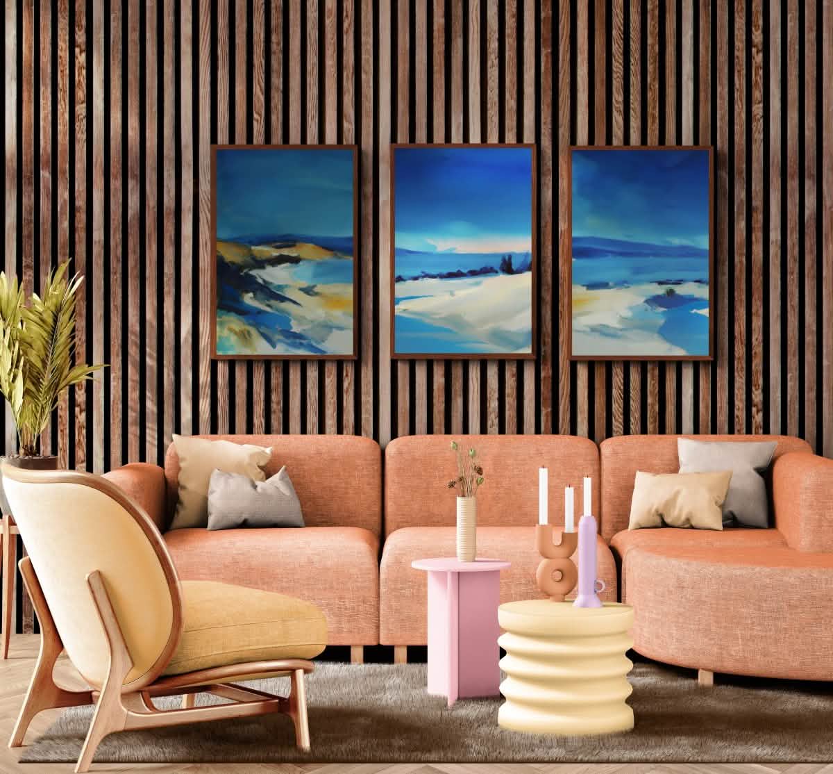 "Ethereal Coastline – Set of 3" – Abstract Seascape Serenity | wall art trio set - Framed Canvas - 30X45 CM / 12X18″ - Dark wood frame