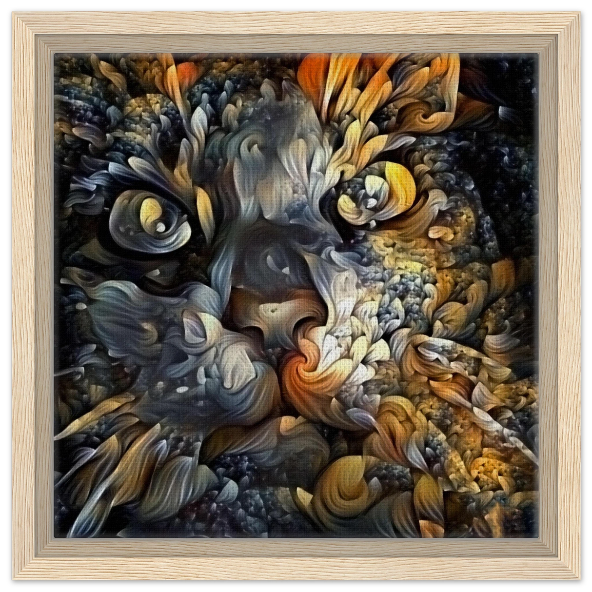 Ethereal Gaze – Abstract Feline Spirit Wall Art Print - Framed Canvas - 30x30 cm / 12x12″ - Wood frame