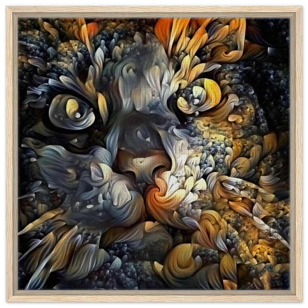Ethereal Gaze – Abstract Feline Spirit Wall Art Print - Framed Canvas - 60x60 cm / 24x24″ - Wood frame
