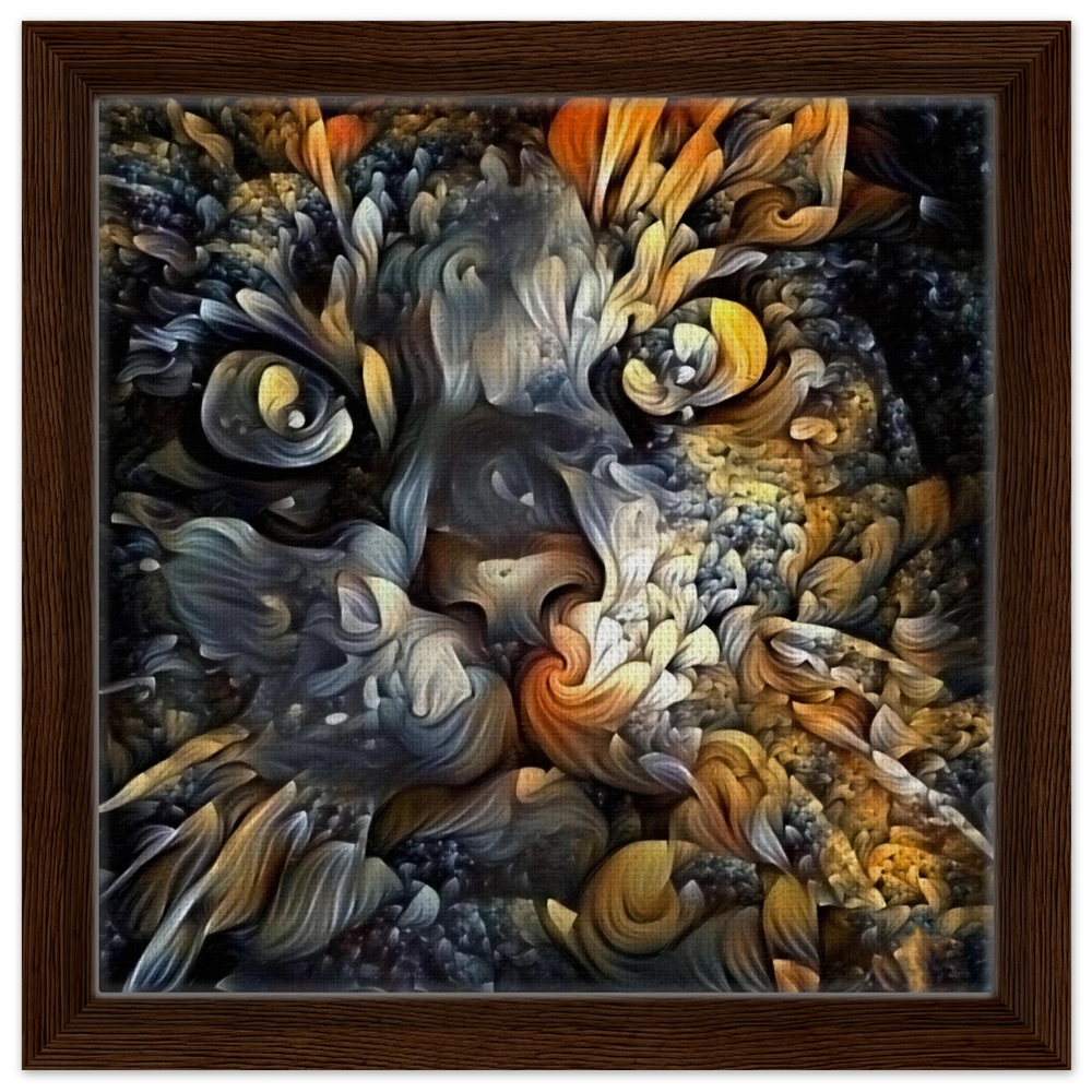Ethereal Gaze – Abstract Feline Spirit Wall Art Print - Framed Canvas - 30x30 cm / 12x12″ - Dark wood frame