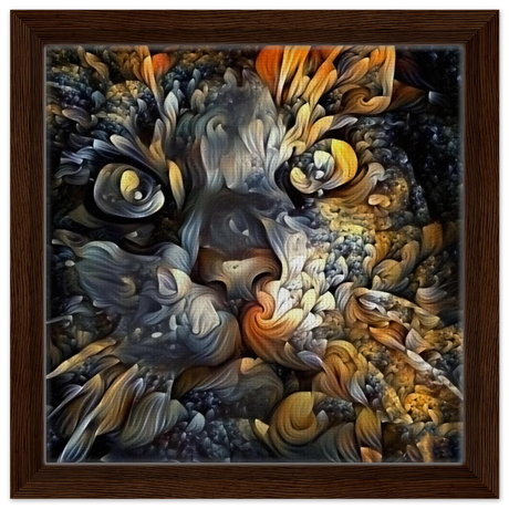 Ethereal Gaze – Abstract Feline Spirit Wall Art Print - Framed Canvas - 30x30 cm / 12x12″ - Dark wood frame