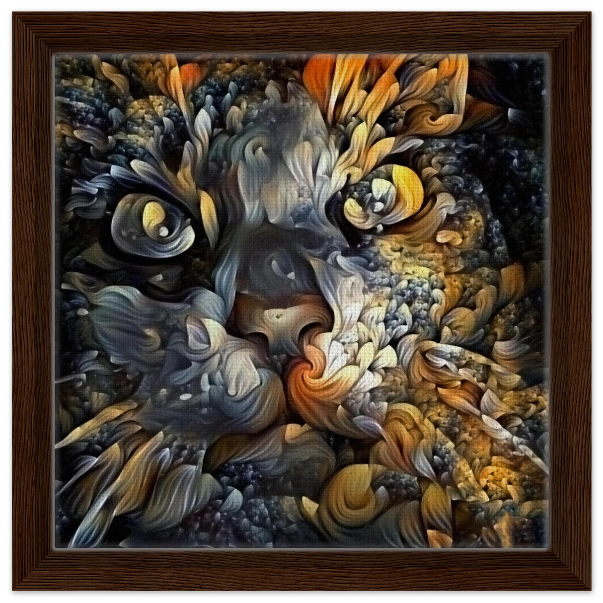 Ethereal Gaze – Abstract Feline Spirit Wall Art Print - Framed Canvas - 30x30 cm / 12x12″ - Dark wood frame