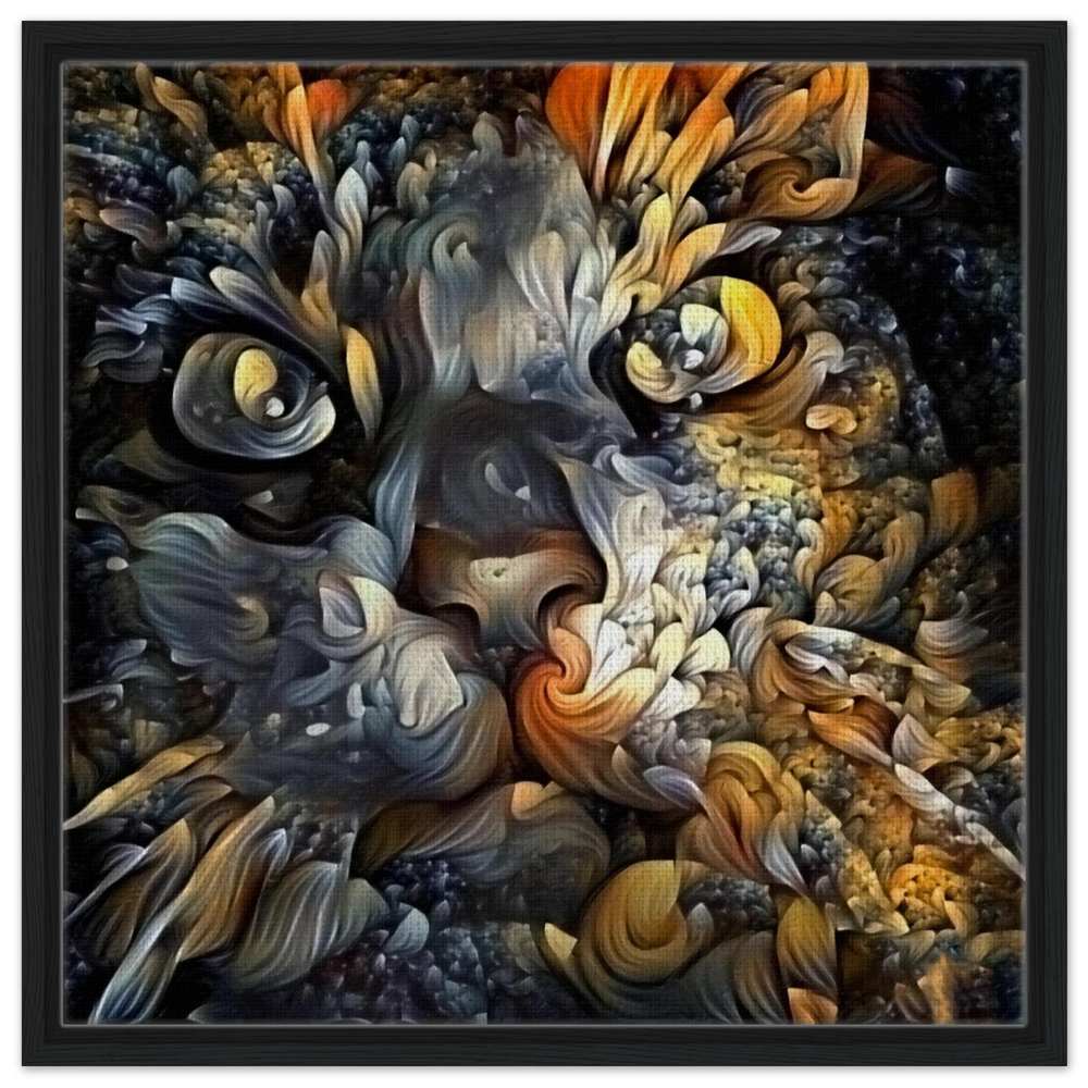 Ethereal Gaze – Abstract Feline Spirit Wall Art Print - Framed Canvas - 60x60 cm / 24x24″ - Black frame