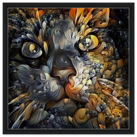 Ethereal Gaze – Abstract Feline Spirit Wall Art Print - Framed Canvas - 60x60 cm / 24x24″ - Black frame