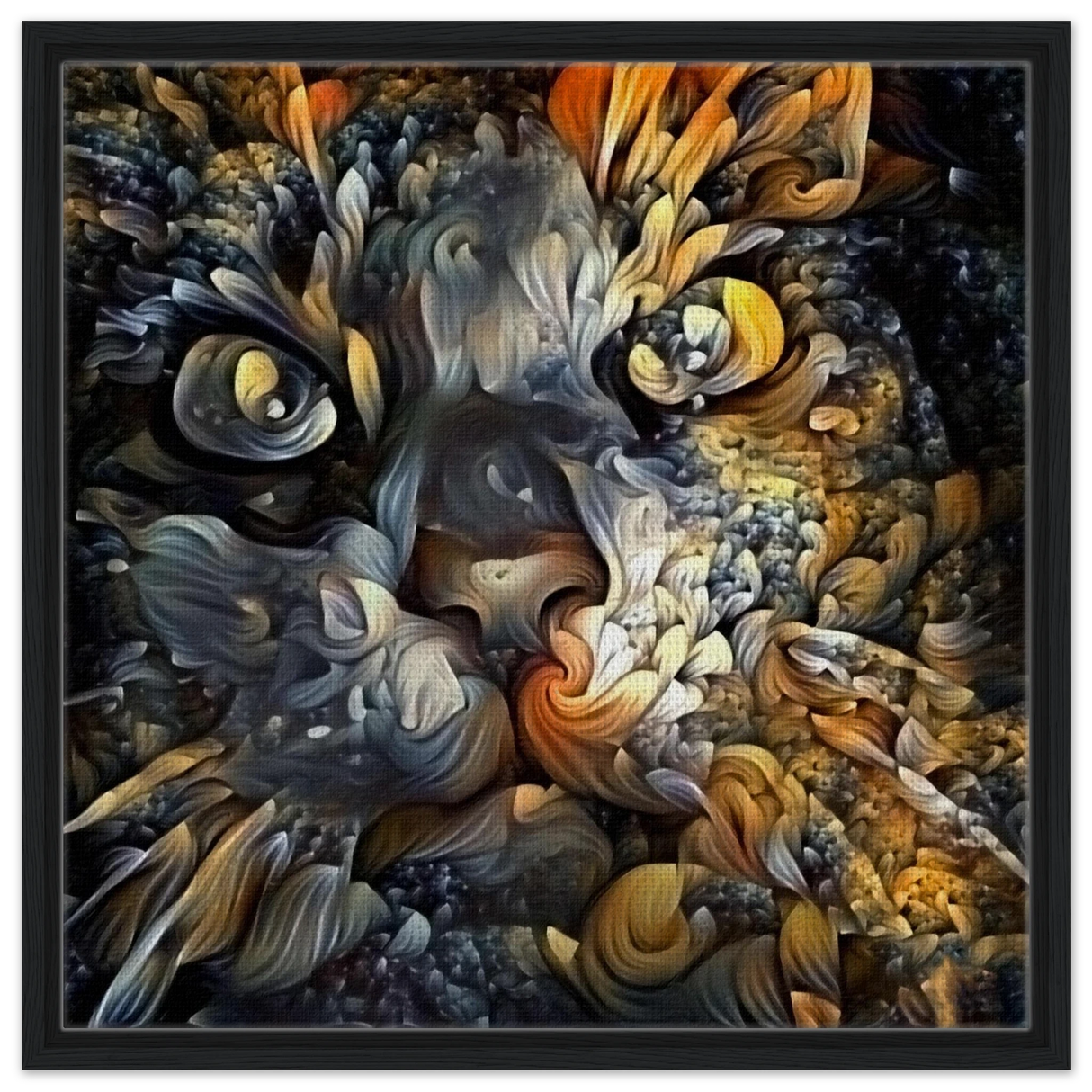 Ethereal Gaze – Abstract Feline Spirit Wall Art Print - Framed Canvas - 60x60 cm / 24x24″ - Black frame