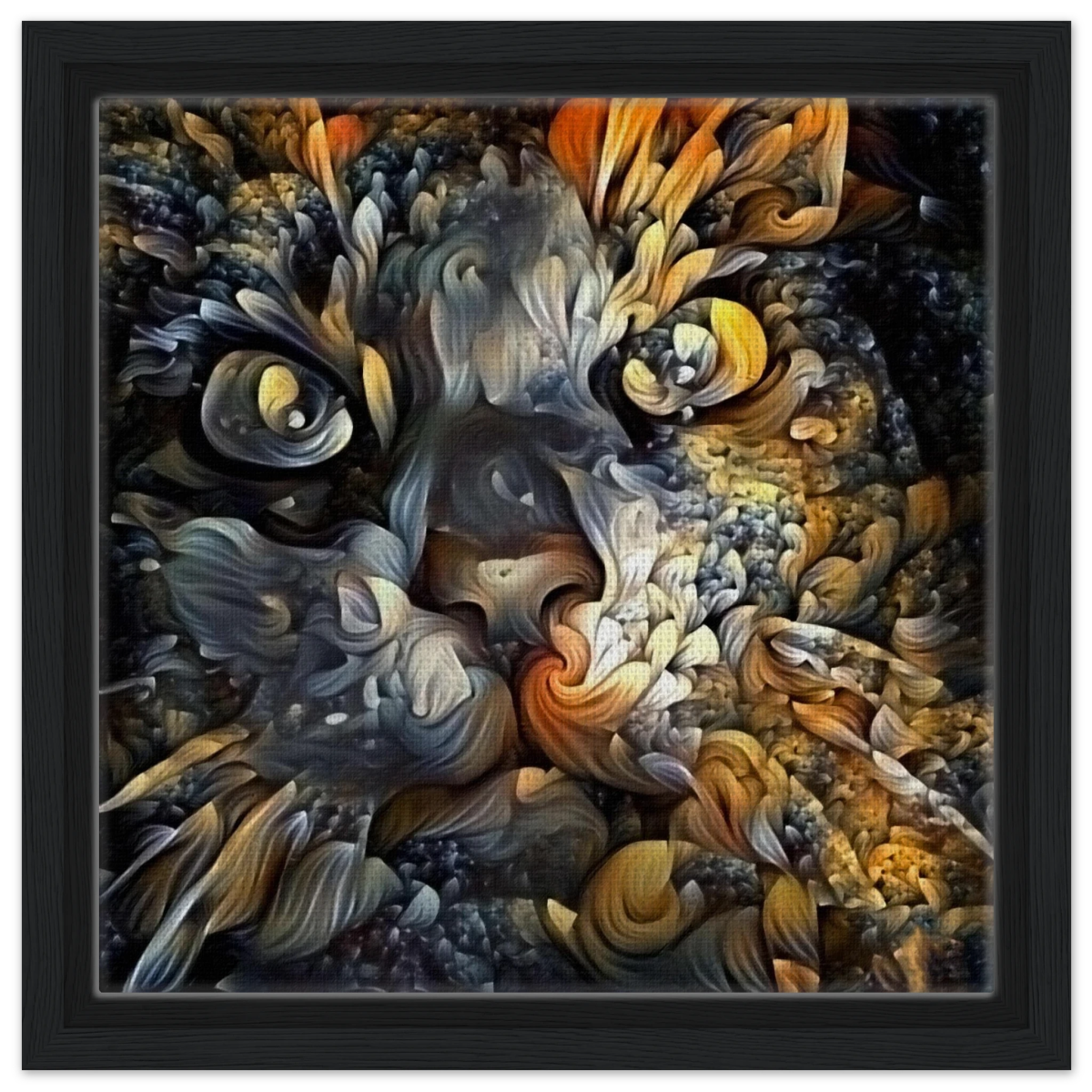 Ethereal Gaze – Abstract Feline Spirit Wall Art Print - Framed Canvas - 30x30 cm / 12x12″ - Black frame