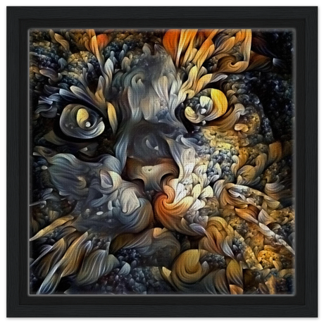Ethereal Gaze – Abstract Feline Spirit Wall Art Print - Framed Canvas - 30x30 cm / 12x12″ - Black frame