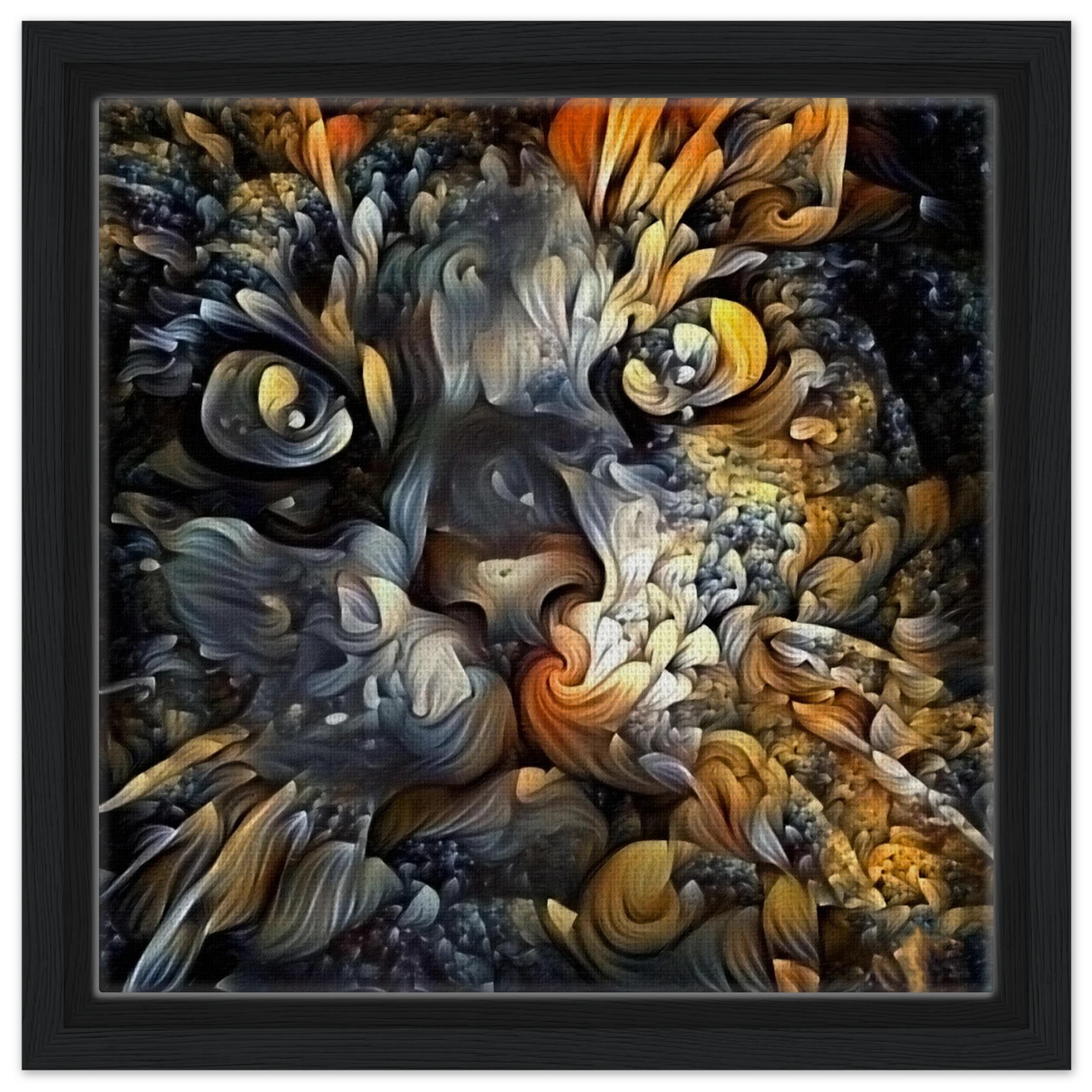 Ethereal Gaze – Abstract Feline Spirit Wall Art Print - Framed Canvas - 30x30 cm / 12x12″ - Black frame