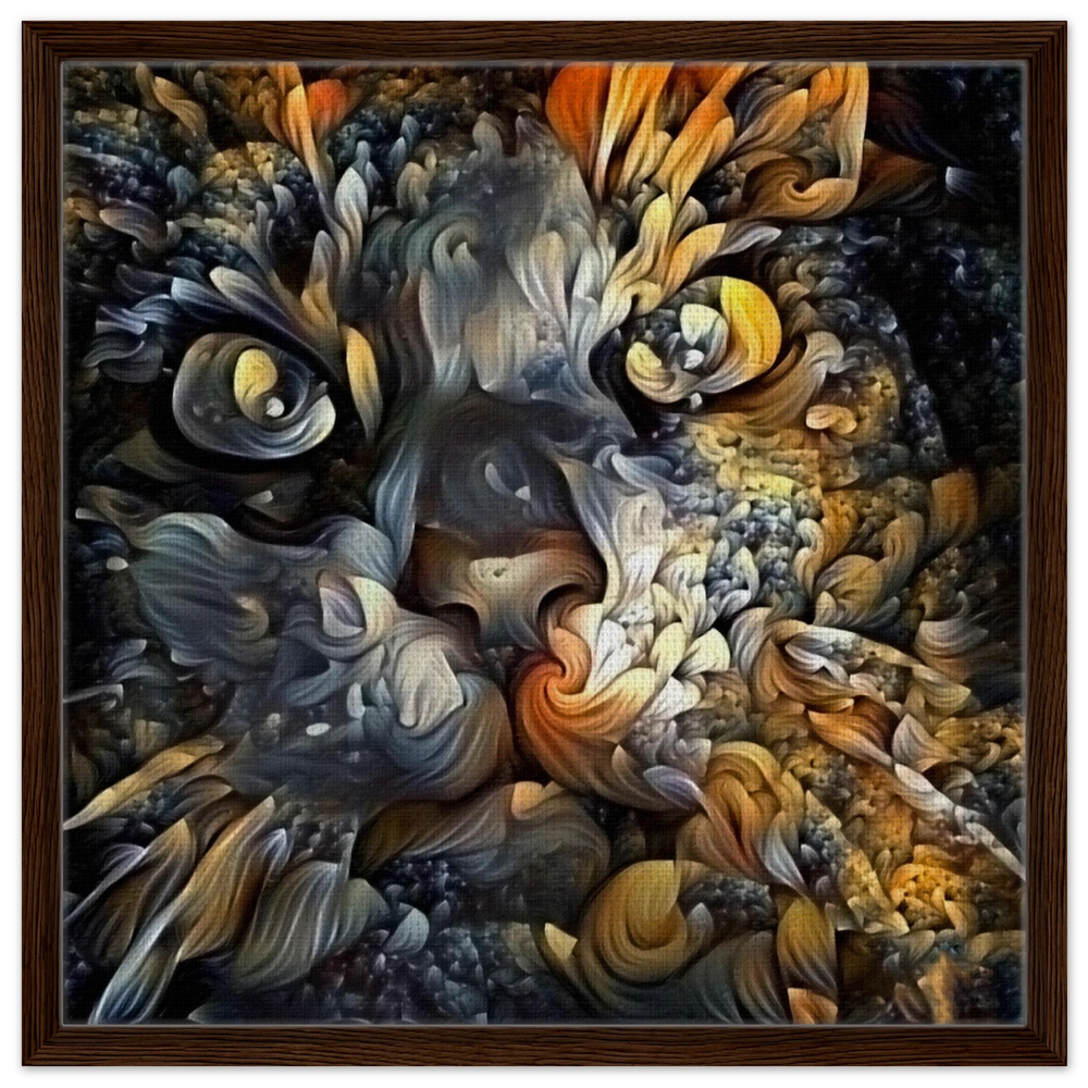 Ethereal Gaze – Abstract Feline Spirit Wall Art Print - Framed Canvas - 60x60 cm / 24x24″ - Dark wood frame