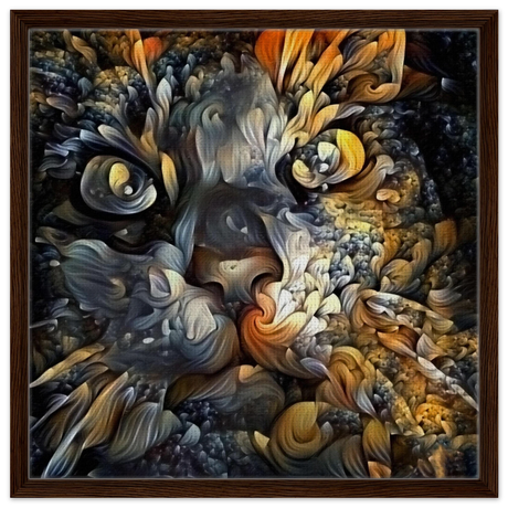 Ethereal Gaze – Abstract Feline Spirit Wall Art Print - Framed Canvas - 60x60 cm / 24x24″ - Dark wood frame