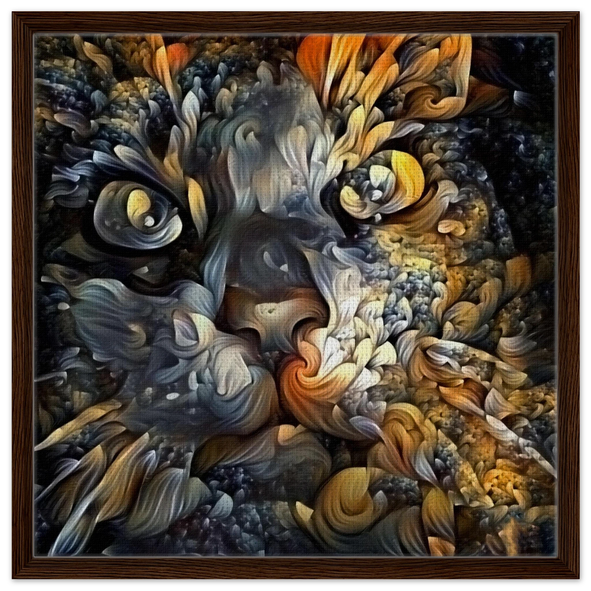 Ethereal Gaze – Abstract Feline Spirit Wall Art Print - Framed Canvas - 60x60 cm / 24x24″ - Dark wood frame