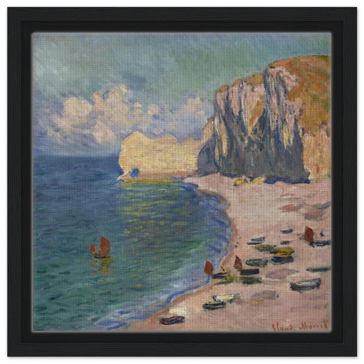 Étretat, The Beach and the Falaise d'Amont (1885) – Claude Monet Wall Art Print - Framed Canvas - 30x30 cm / 12x12″ - Black frame
