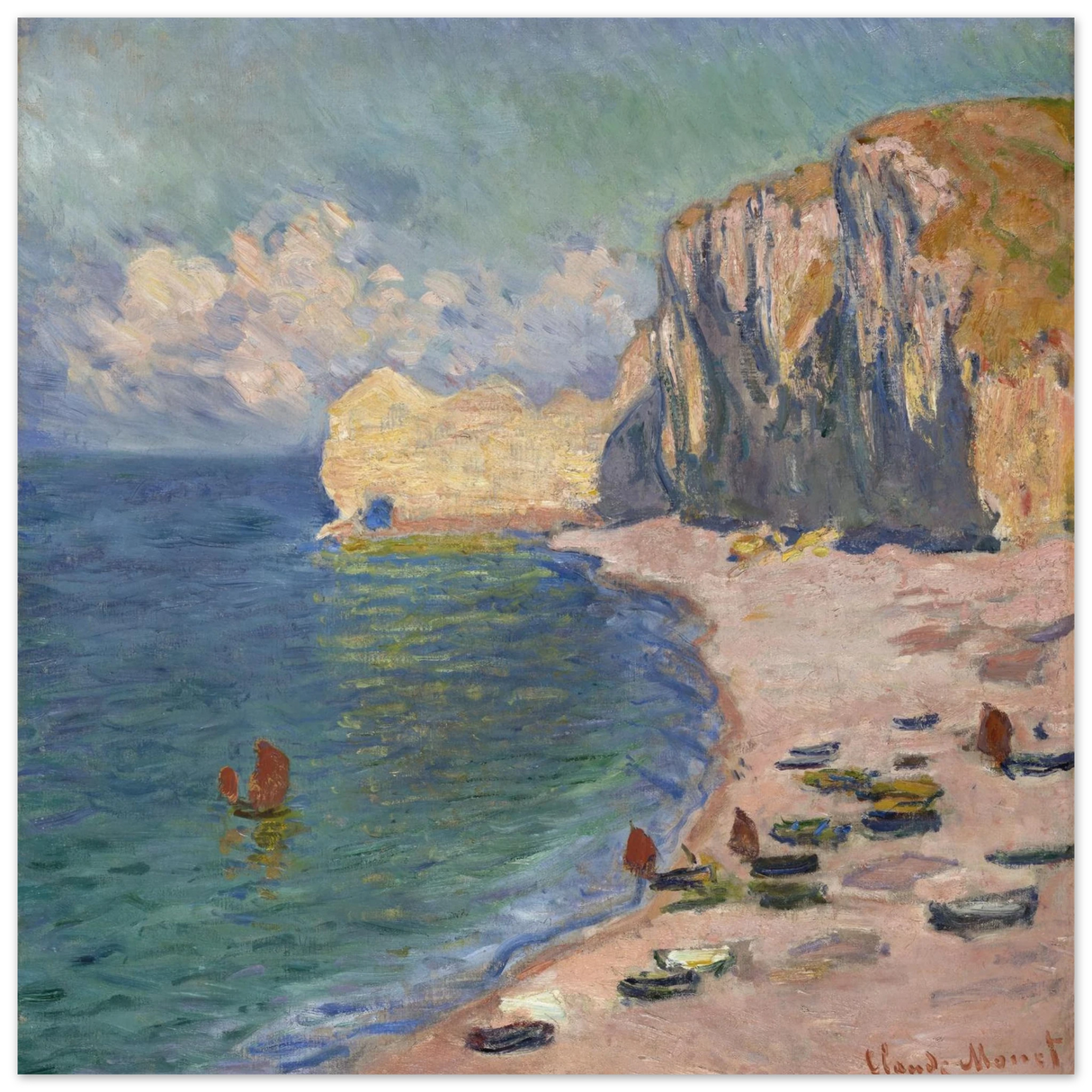 Étretat, The Beach and the Falaise d'Amont (1885) – Claude Monet Wall Art Print - Fine Art Poster - 30x30 cm / 12x12″ -