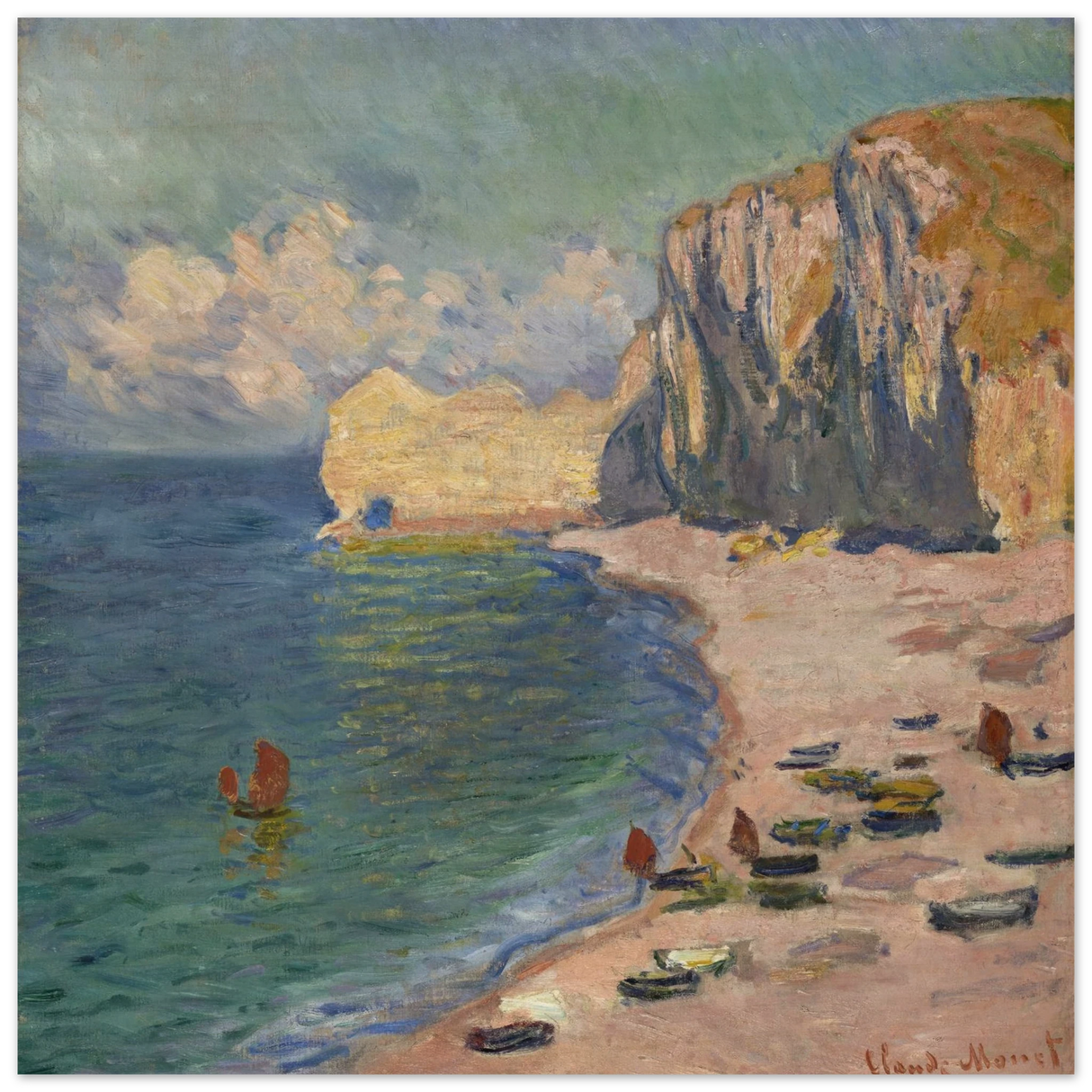 Étretat, The Beach and the Falaise d'Amont (1885) – Claude Monet Wall Art Print - Wood Prints - 60x60 cm / 24x24″ -
