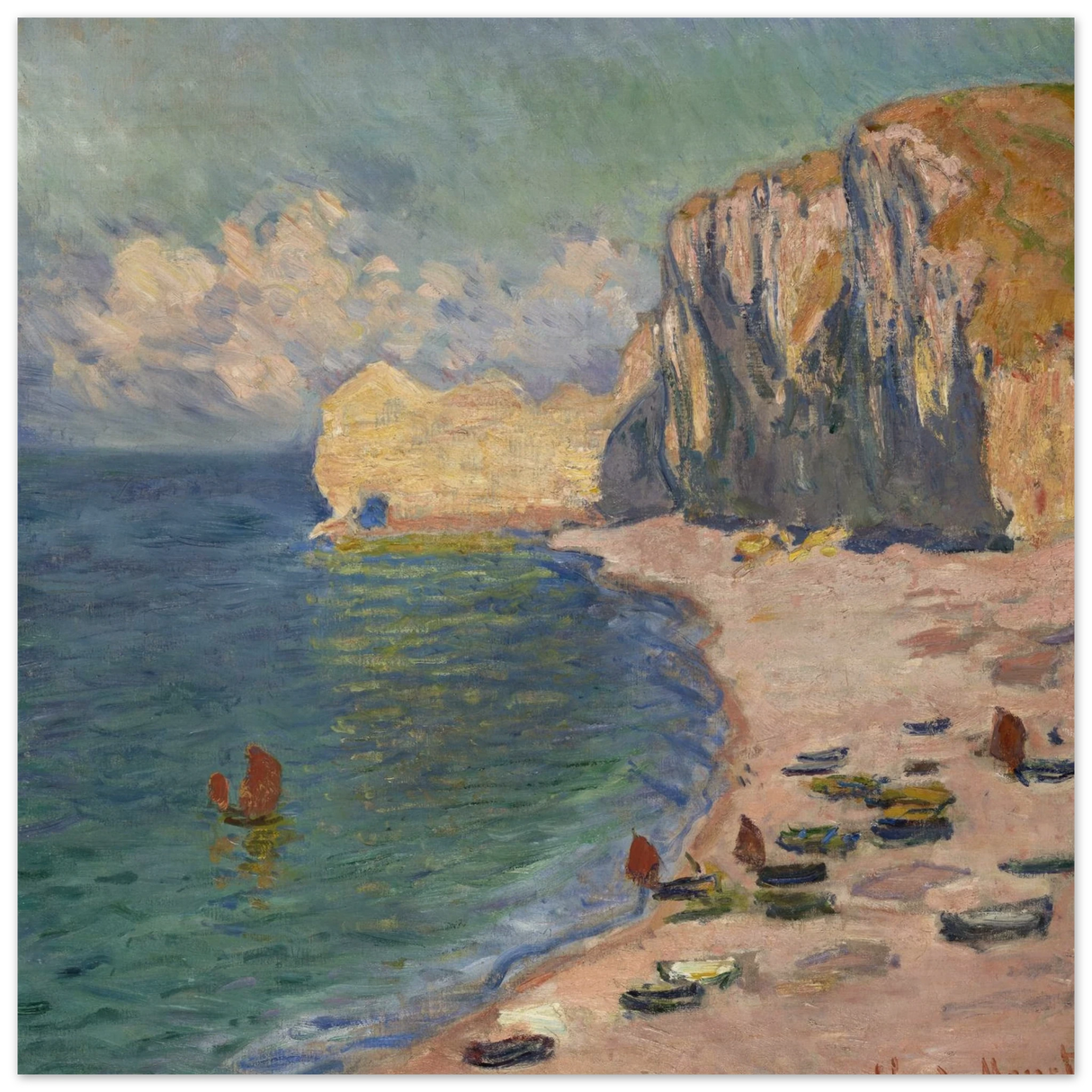 Étretat, The Beach and the Falaise d'Amont (1885) – Claude Monet Wall Art Print - Wood Prints - 20x20 cm / 8x8″ -
