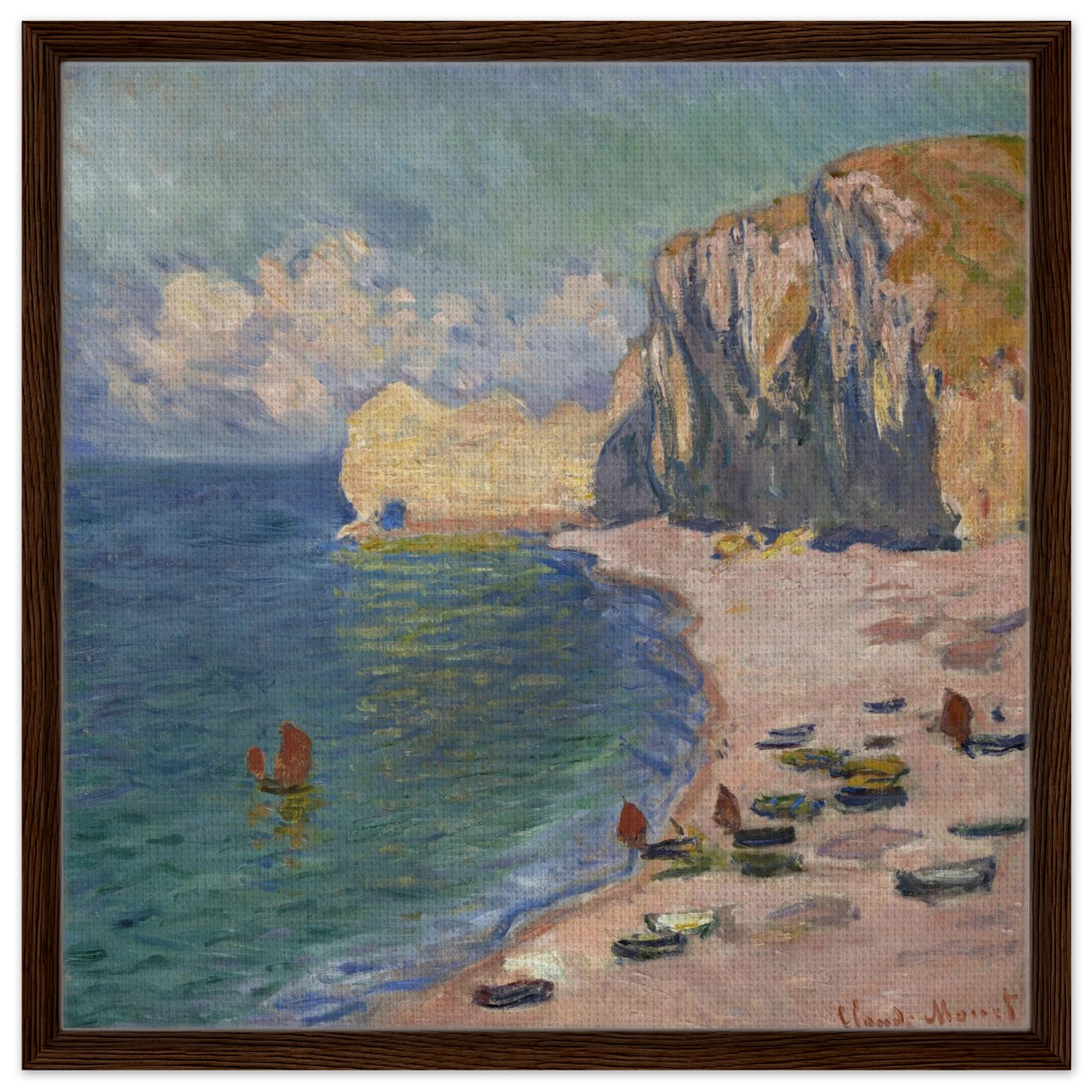 Étretat, The Beach and the Falaise d'Amont (1885) – Claude Monet Wall Art Print - Framed Canvas - 60x60 cm / 24x24″ - Dark wood frame
