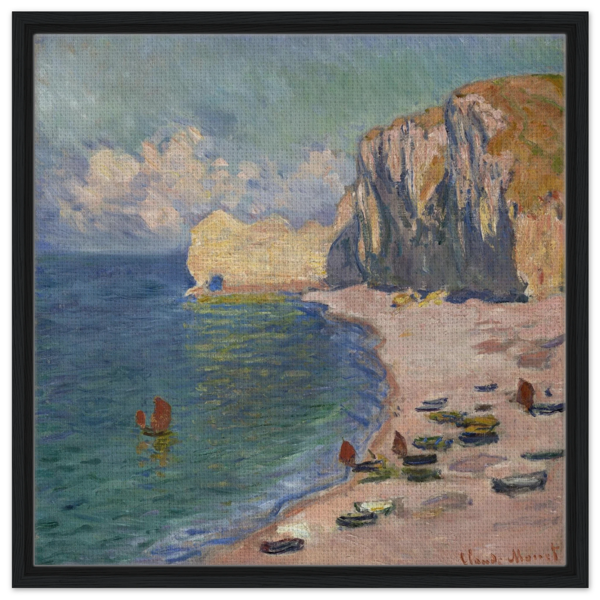 Étretat, The Beach and the Falaise d'Amont (1885) – Claude Monet Wall Art Print - Framed Canvas - 60x60 cm / 24x24″ - Black frame