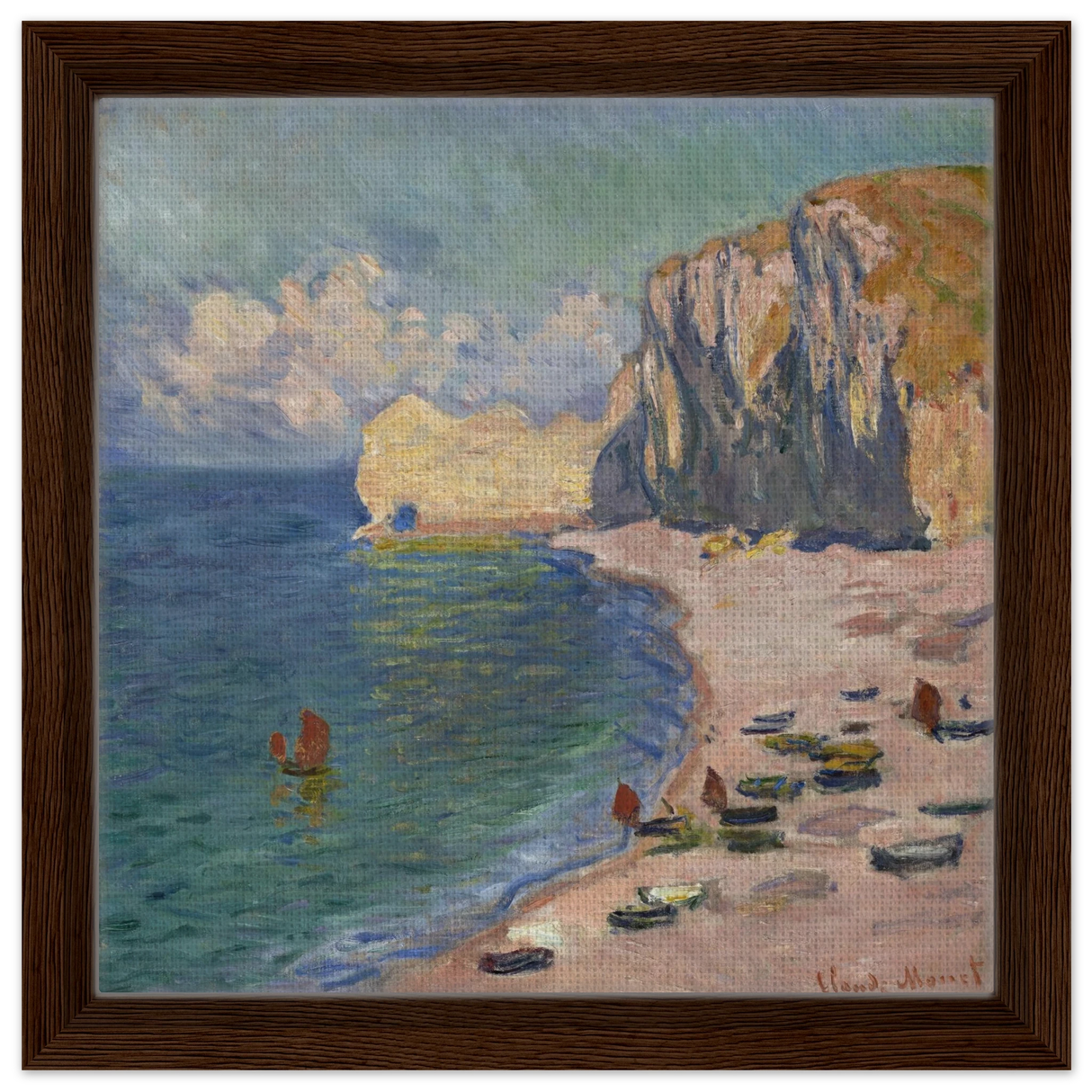 Étretat, The Beach and the Falaise d'Amont (1885) – Claude Monet Wall Art Print - Framed Canvas - 30x30 cm / 12x12″ - Dark wood frame