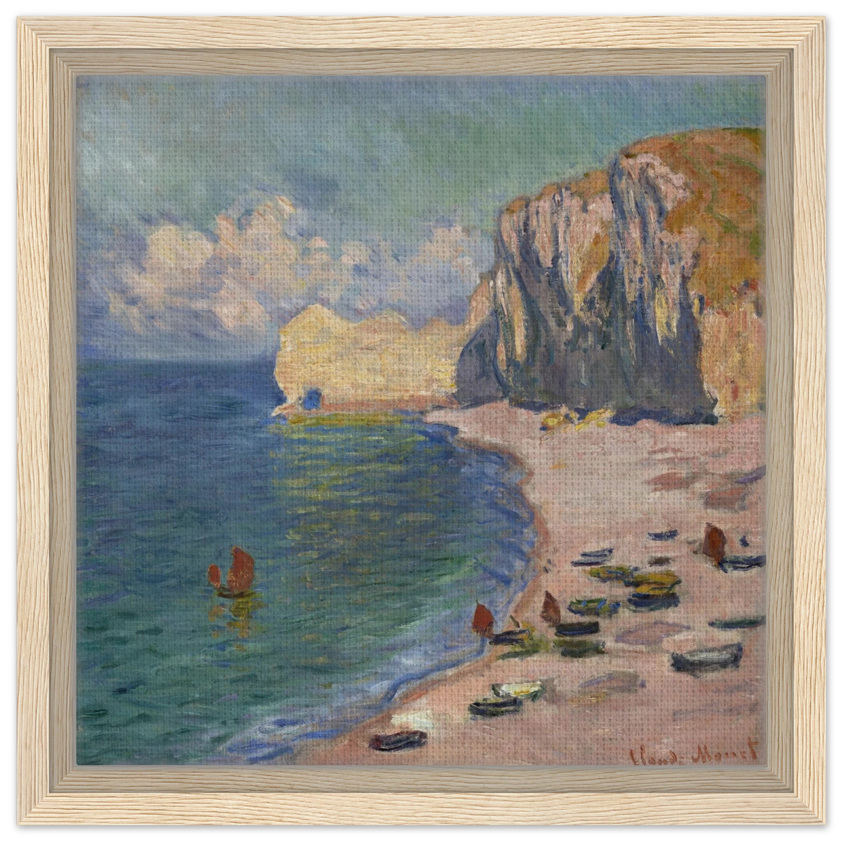 Étretat, The Beach and the Falaise d'Amont (1885) – Claude Monet Wall Art Print - Framed Canvas - 30x30 cm / 12x12″ - Wood frame