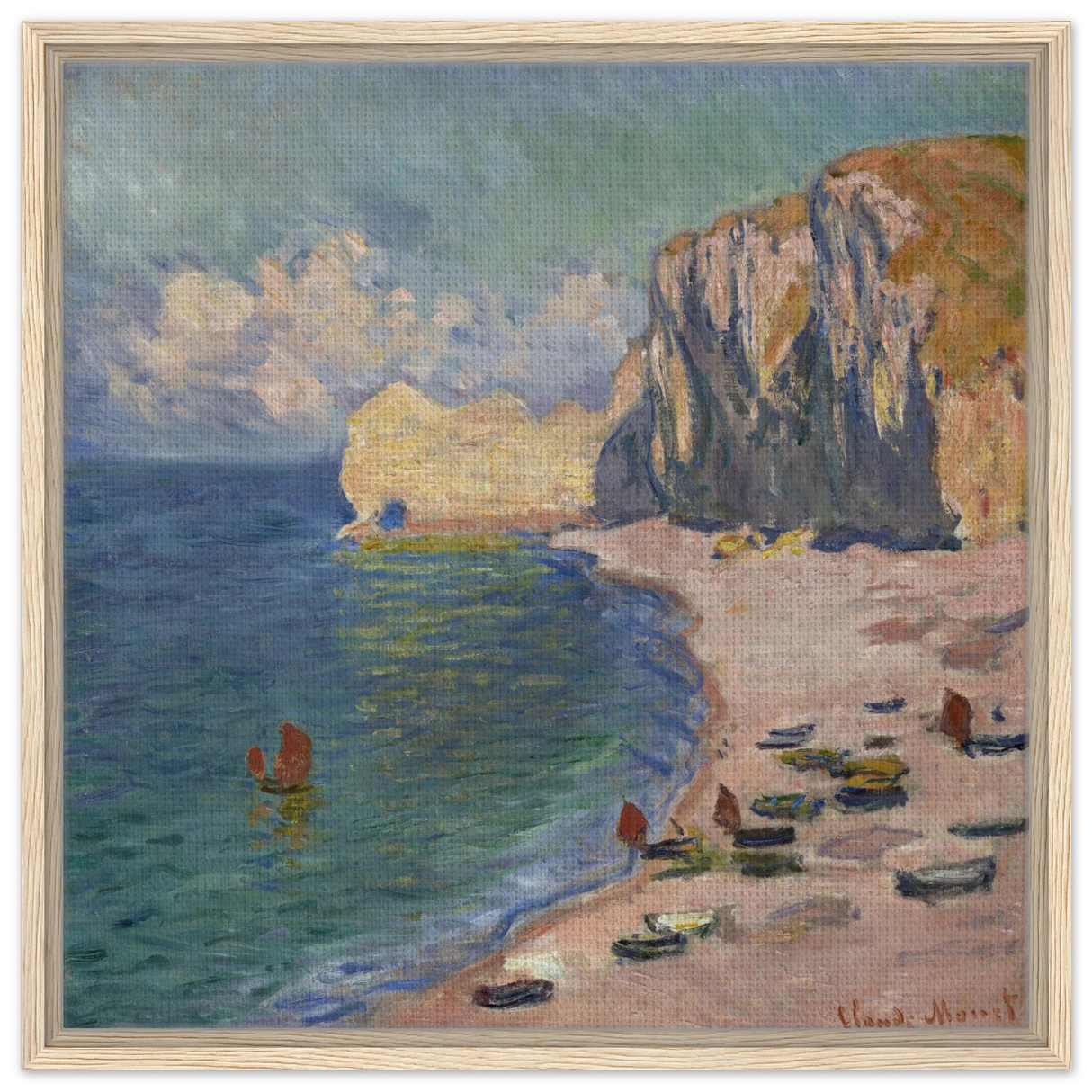 Étretat, The Beach and the Falaise d'Amont (1885) – Claude Monet Wall Art Print - Framed Canvas - 60x60 cm / 24x24″ - Wood frame