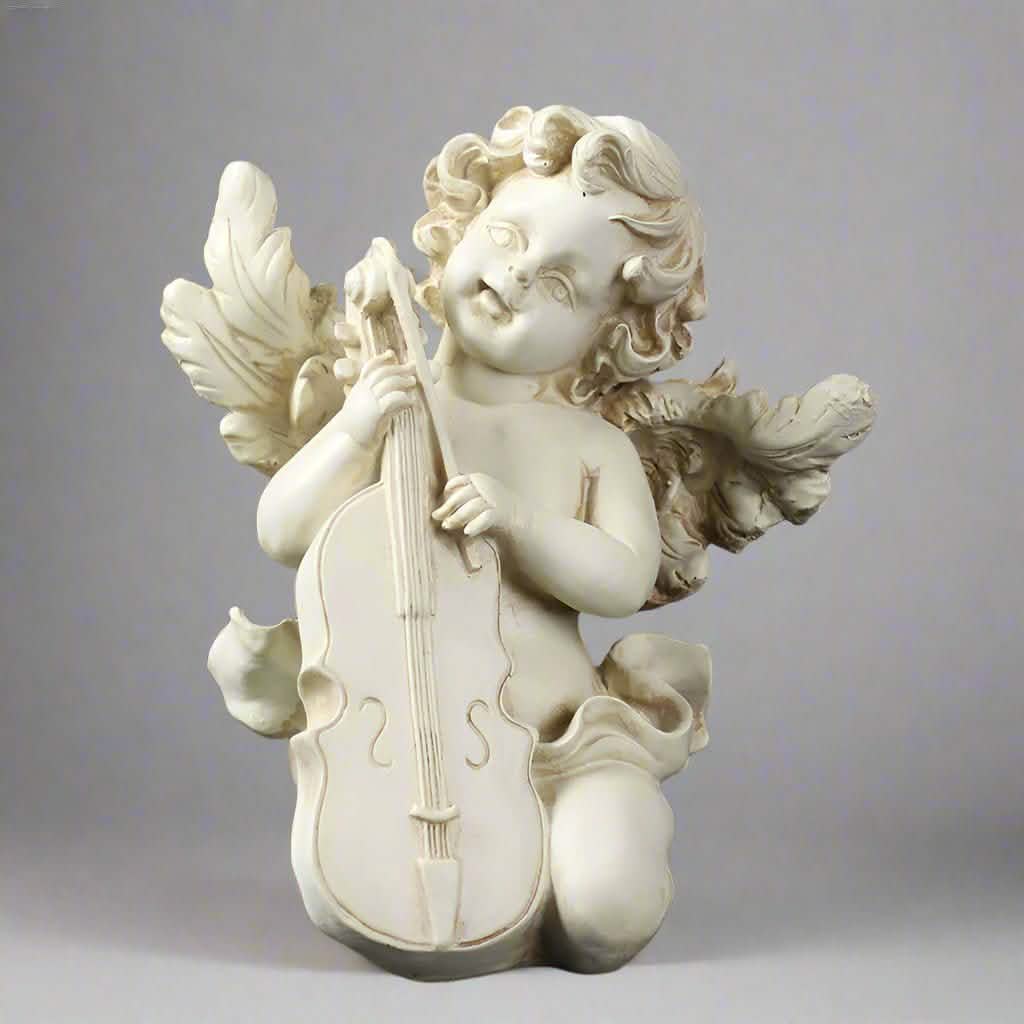 European Cupid Resin Sculpture – Elegant Character Figurine Ornament - Seated Cupid with Lyre -
