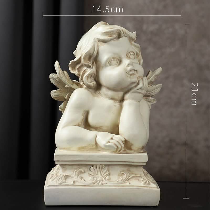 European Cupid Resin Sculpture – Elegant Character Figurine Ornament - Resting Cherub on Pedestal -