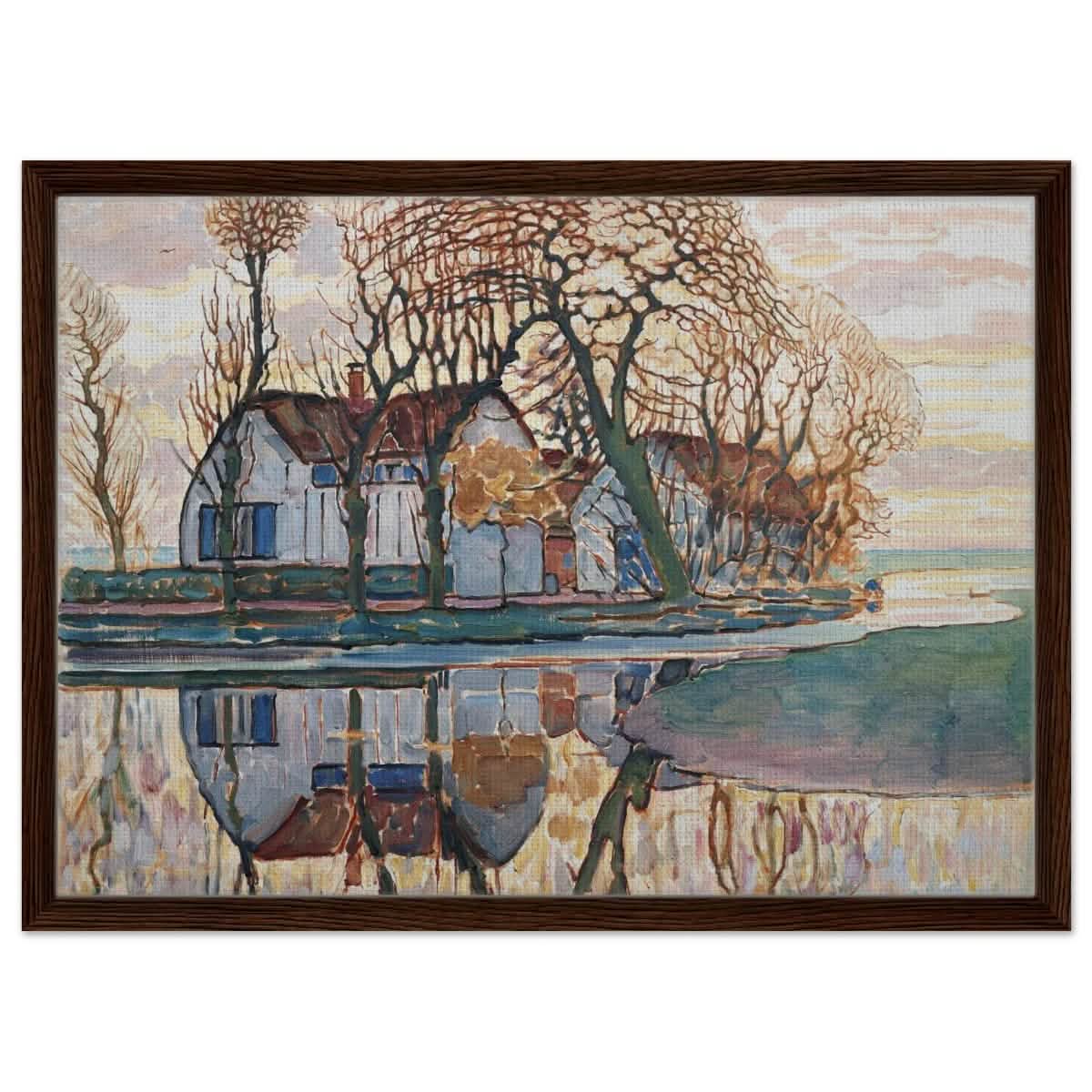 Farm near Duivendrecht by Piet Mondrian | Vintage wall art print - Framed Canvas - 50x70 cm / 20x28″ - Dark wood frame