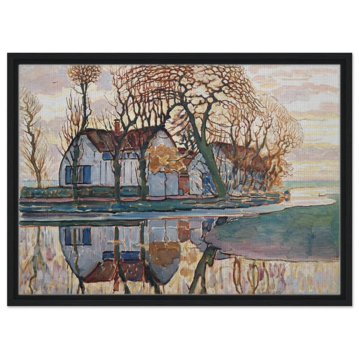 Farm near Duivendrecht by Piet Mondrian | Vintage wall art print - Framed Canvas - 50x70 cm / 20x28″ - Black frame