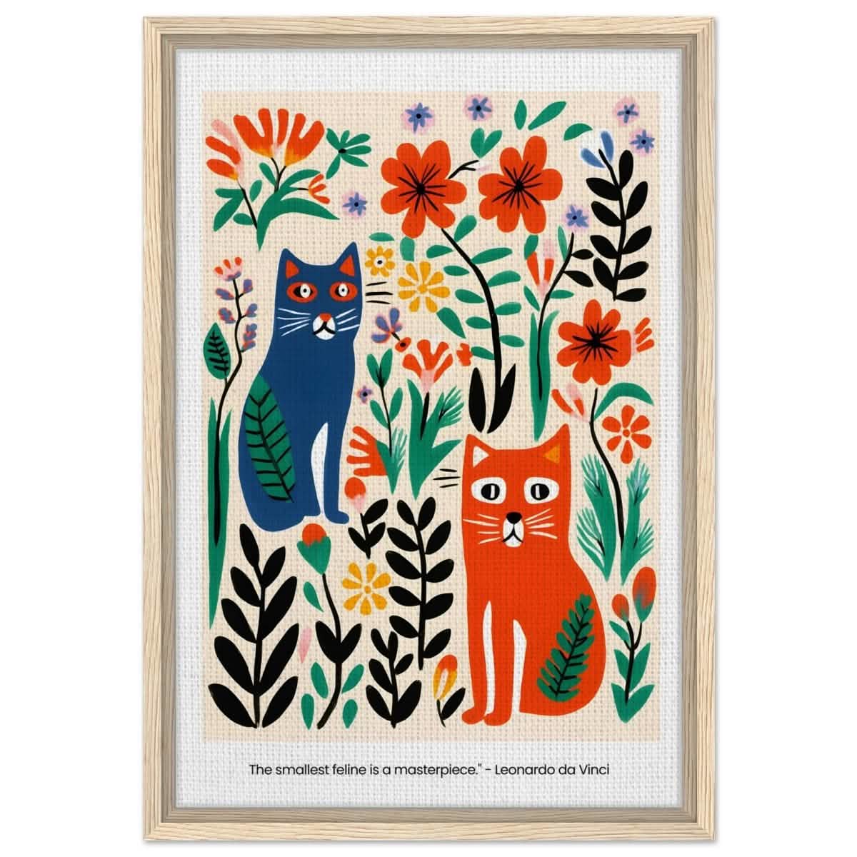 Feline Garden Delight | Modern Folk Art with a playful, illustrative style - Framed Canvas - 40x60 cm / 16x24″ - Wood frame
